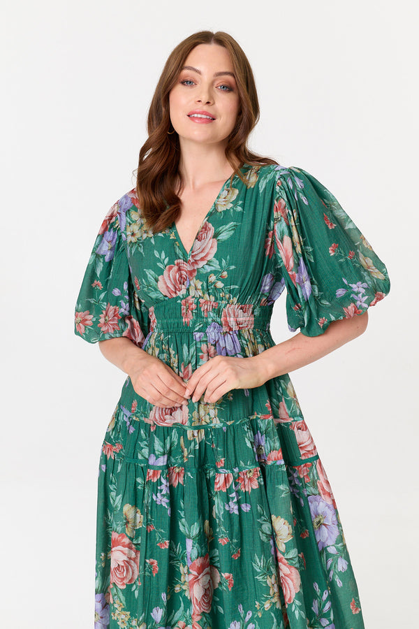 Green | Floral Puff 1/2 Sleeve Tiered Midi Dress
