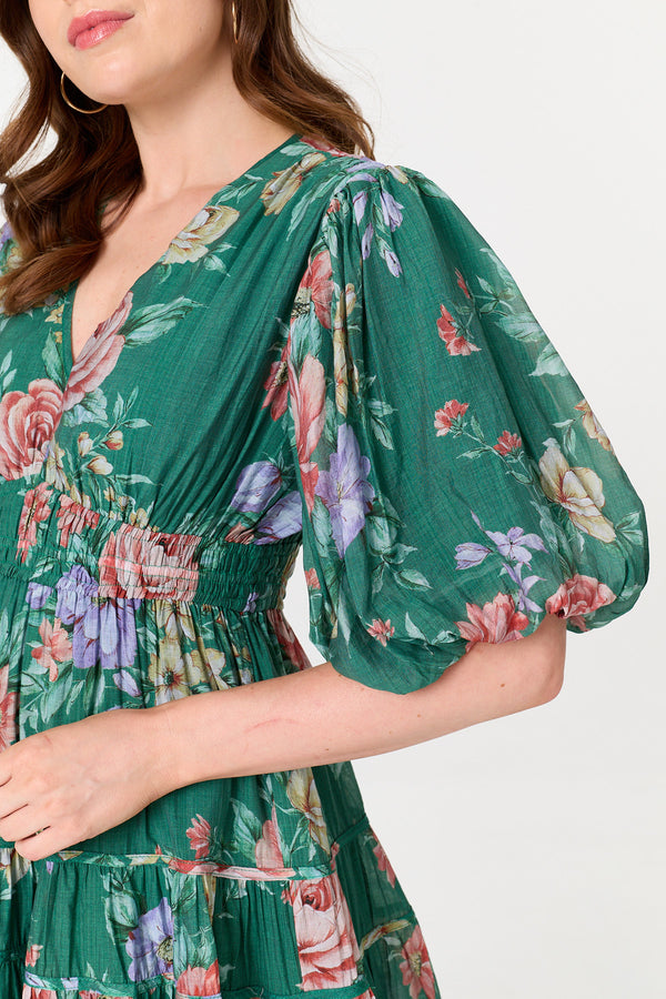 Green | Floral Puff 1/2 Sleeve Tiered Midi Dress
