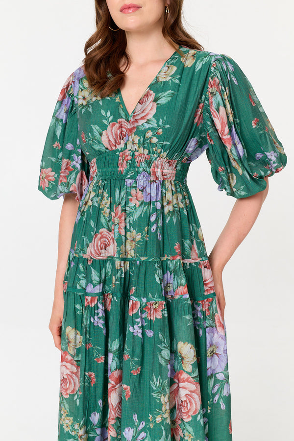 Green | Floral Puff 1/2 Sleeve Tiered Midi Dress
