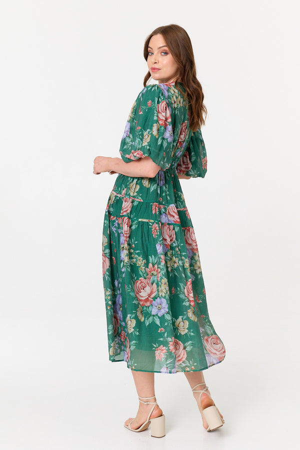 Green | Floral Puff 1/2 Sleeve Tiered Midi Dress
