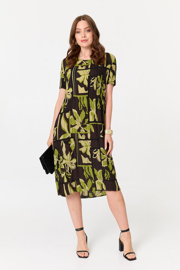 Green | Floral Pleated Textured Midi Shift Dress
