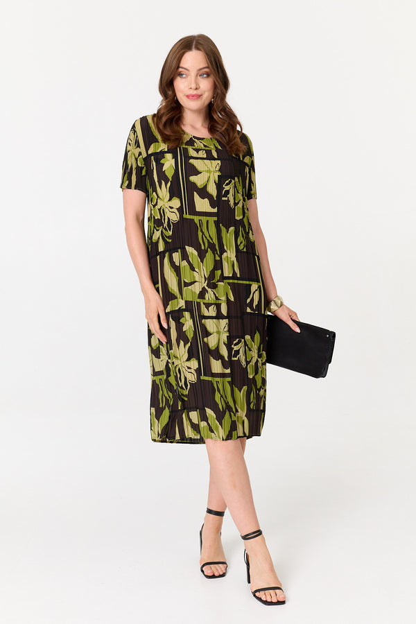 Green | Floral Pleated Textured Midi Shift Dress
