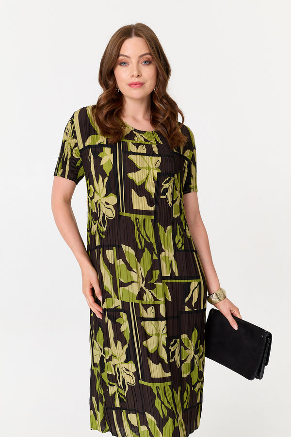 Green | Floral Pleated Textured Midi Shift Dress
