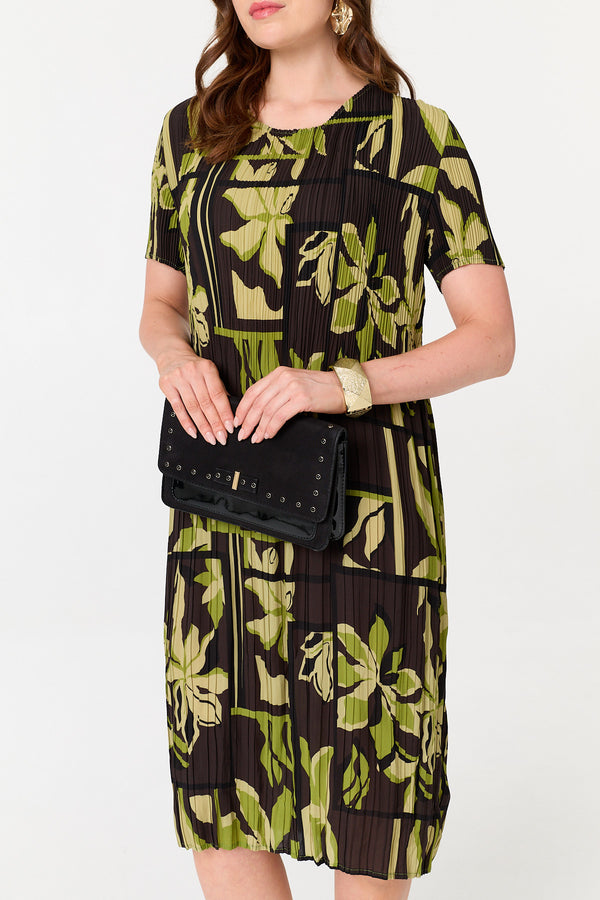 Green | Floral Pleated Textured Midi Shift Dress
