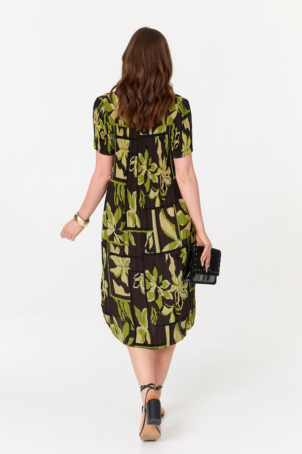 Green | Floral Pleated Textured Midi Shift Dress
