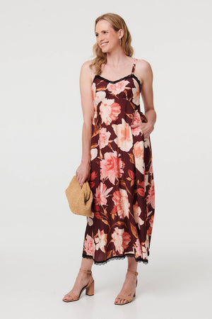 Burgundy | Floral Sleeveless Lace Trim Maxi Dress