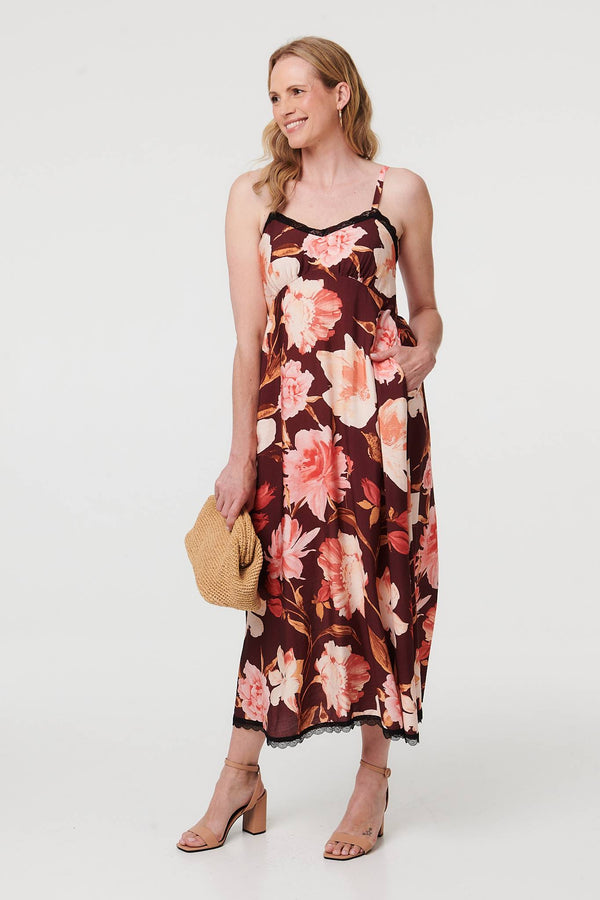 Burgundy | Floral Sleeveless Lace Trim Maxi Dress