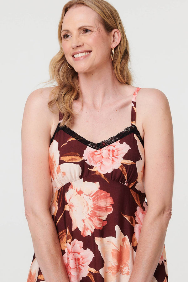 Burgundy | Floral Sleeveless Lace Trim Maxi Dress