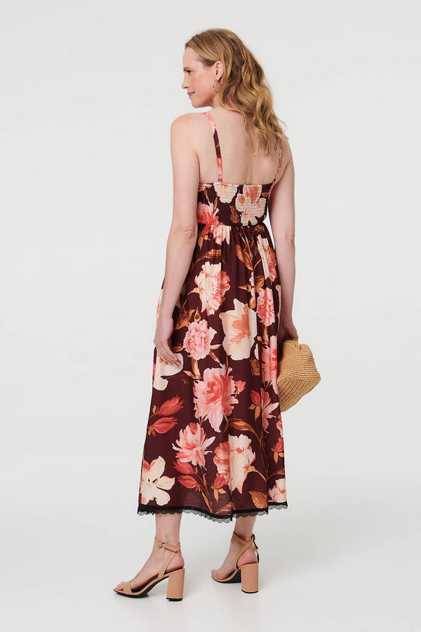 Burgundy | Floral Sleeveless Lace Trim Maxi Dress