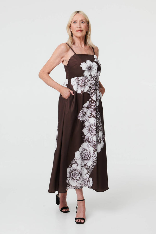 Brown | Floral Sleeveless Cami A-Line Midi Dress