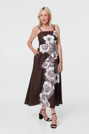 Brown | Floral Sleeveless Cami A-Line Midi Dress