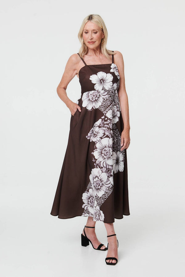 Brown | Floral Sleeveless Cami A-Line Midi Dress