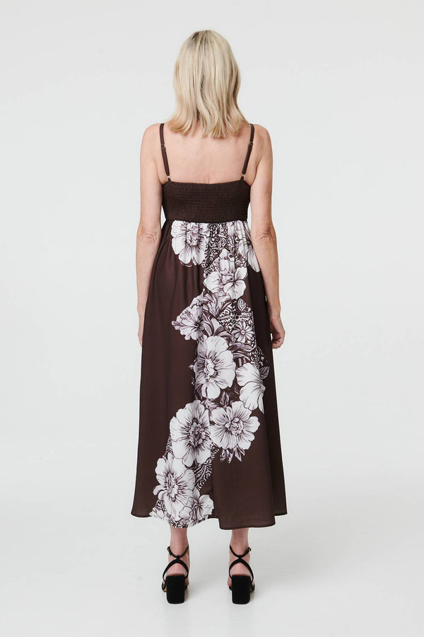 Brown | Floral Sleeveless Cami A-Line Midi Dress