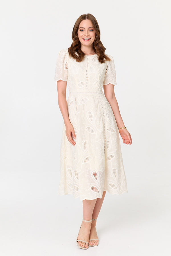 Cream | Lace Textured 1/2 Sleeve Midi Dress