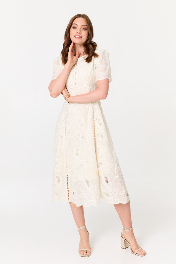 Cream | Lace Textured 1/2 Sleeve Midi Dress