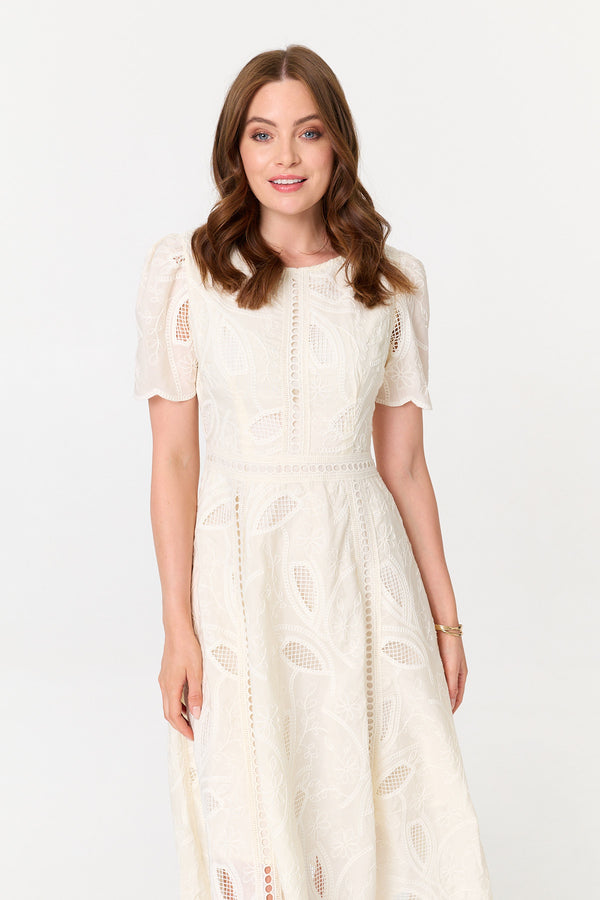 Cream | Lace Textured 1/2 Sleeve Midi Dress