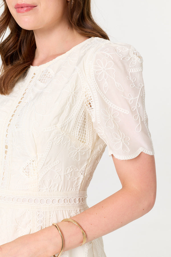 Cream | Lace Textured 1/2 Sleeve Midi Dress