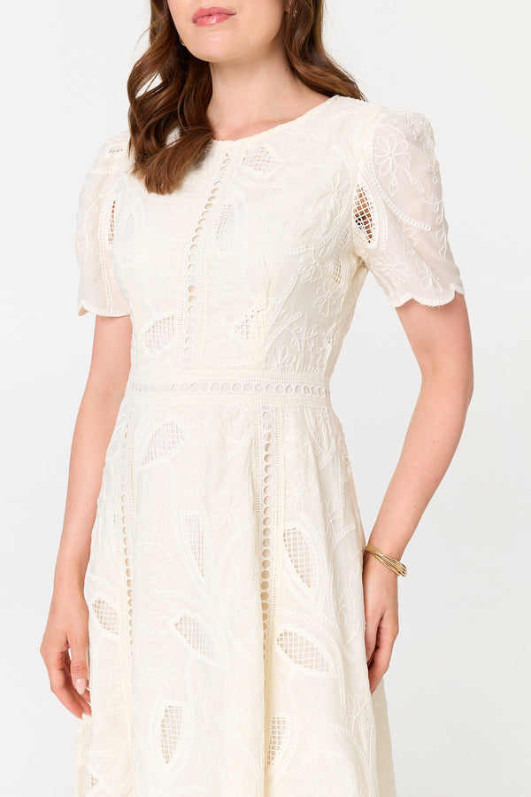 Cream | Lace Textured 1/2 Sleeve Midi Dress