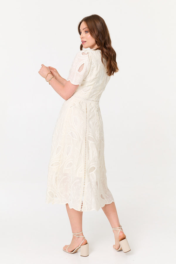 Cream | Lace Textured 1/2 Sleeve Midi Dress