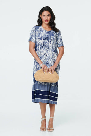 Navy | Printed Short Sleeve Pleated Midi Dress