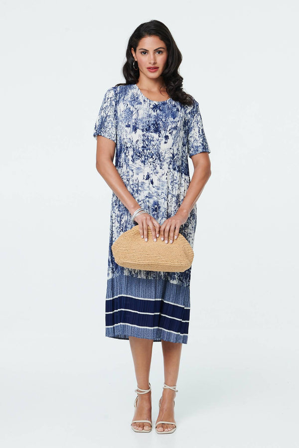 Navy | Printed Short Sleeve Pleated Midi Dress