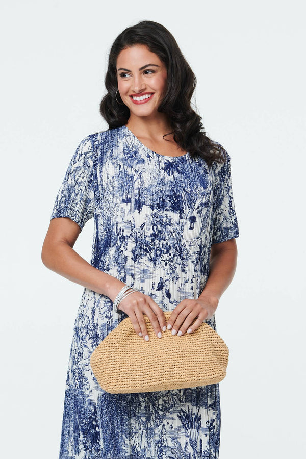 Navy | Printed Short Sleeve Pleated Midi Dress