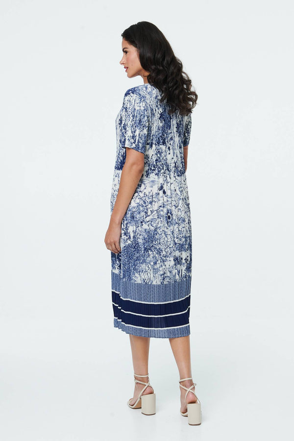 Navy | Printed Short Sleeve Pleated Midi Dress