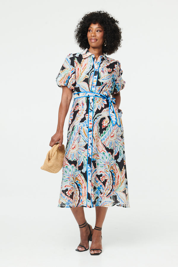 Black | Floral A-Line Tie Waist Midi Shirt Dress