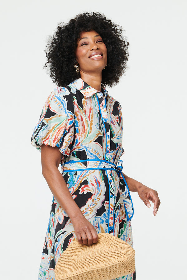 Black | Floral A-Line Tie Waist Midi Shirt Dress