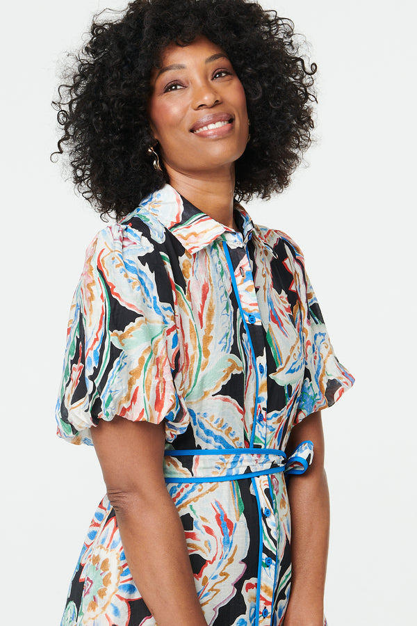 Black | Floral A-Line Tie Waist Midi Shirt Dress