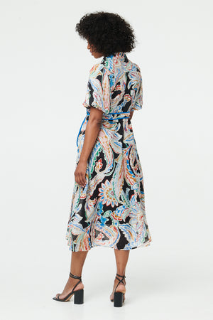 Black | Floral A-Line Tie Waist Midi Shirt Dress