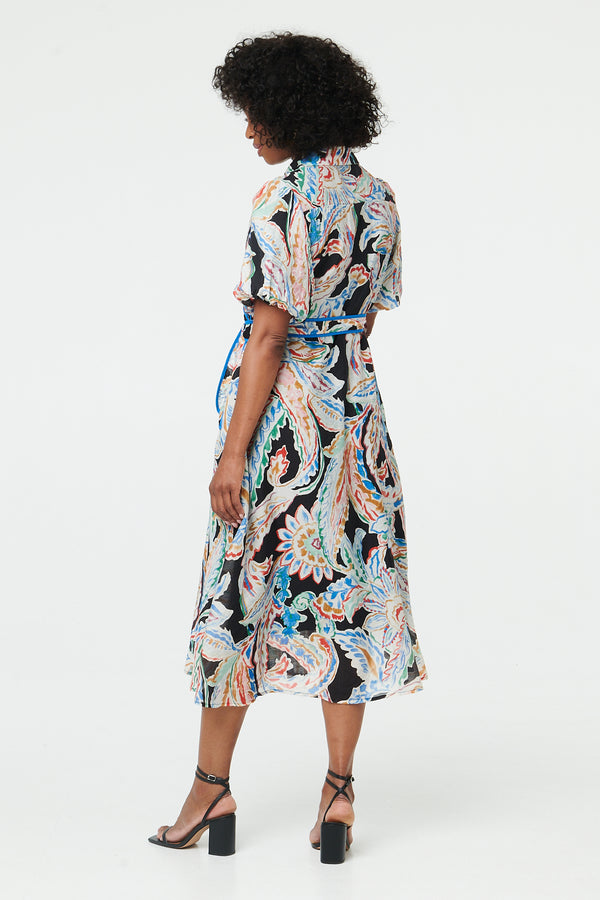 Black | Floral A-Line Tie Waist Midi Shirt Dress