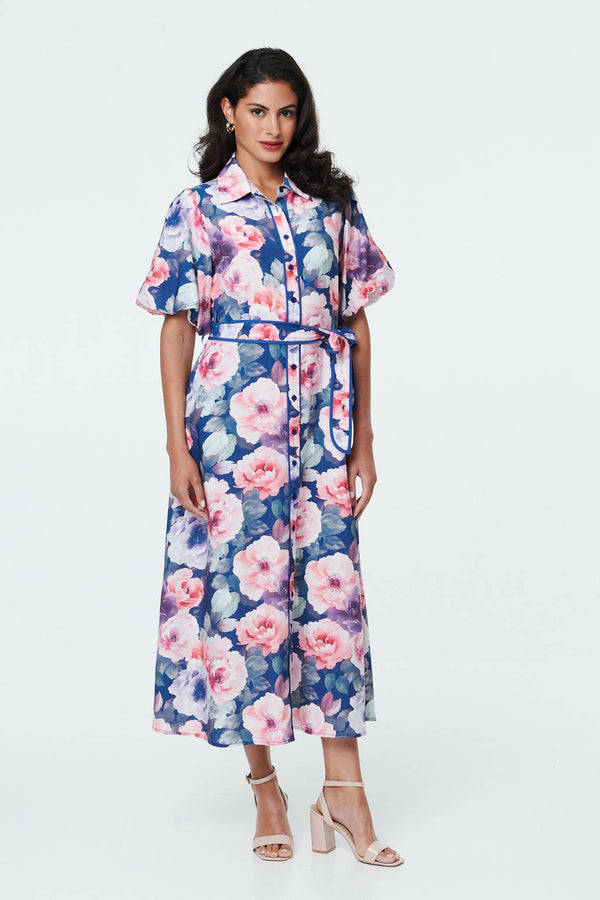 Navy | Floral 1/2 Puff Sleeve Tie Midi Dress