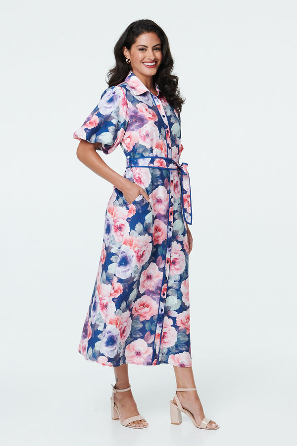 Navy | Floral 1/2 Puff Sleeve Tie Midi Dress