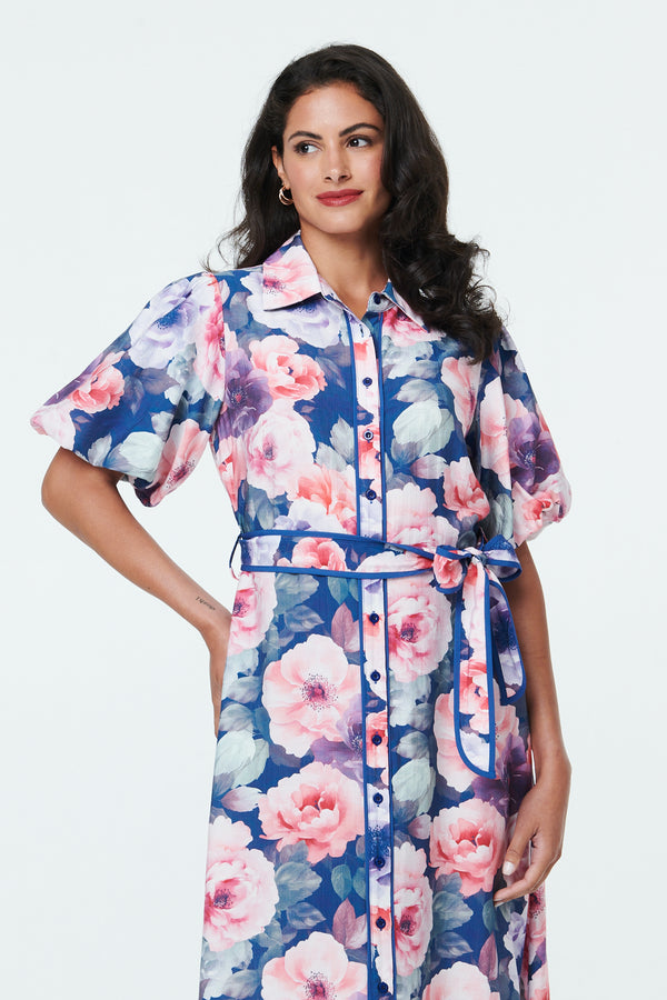 Navy | Floral 1/2 Puff Sleeve Tie Midi Dress