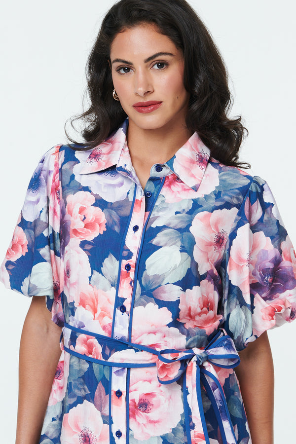 Navy | Floral 1/2 Puff Sleeve Tie Midi Dress