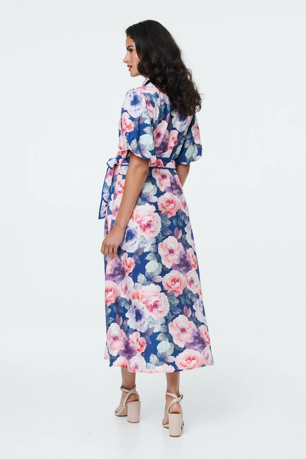 Navy | Floral 1/2 Puff Sleeve Tie Midi Dress