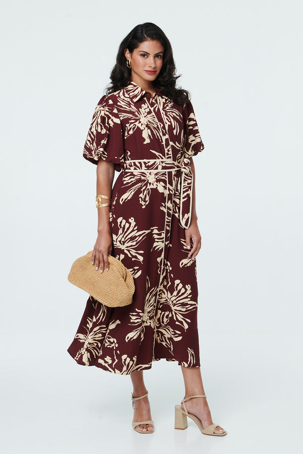Burgundy | Floral Puff Sleeve Midi Shirt Dress