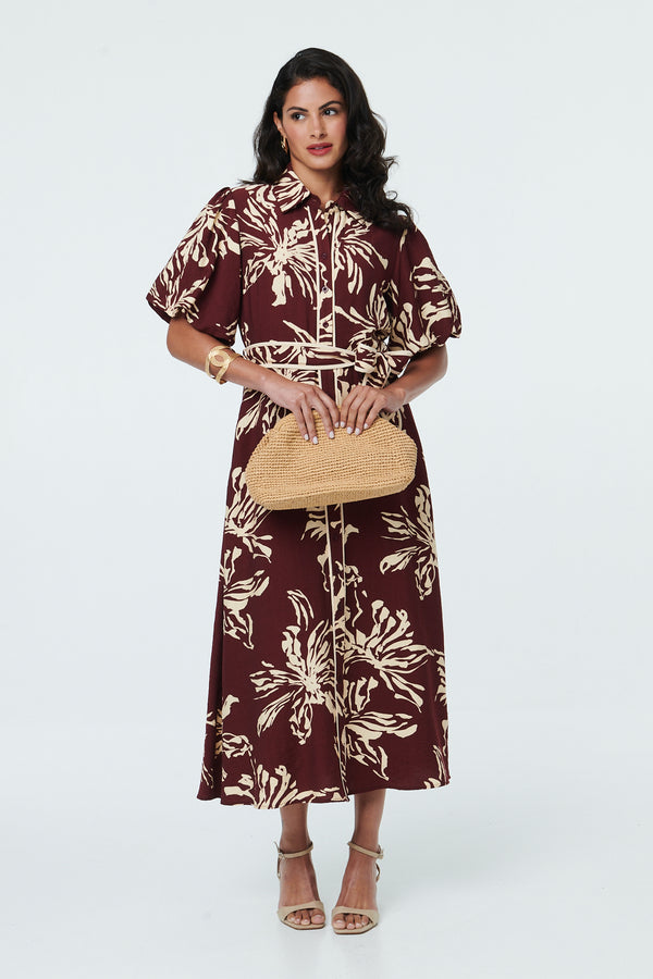 Burgundy | Floral Puff Sleeve Midi Shirt Dress