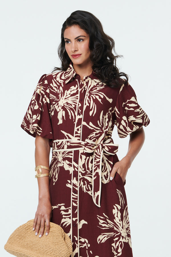 Burgundy | Floral Puff Sleeve Midi Shirt Dress