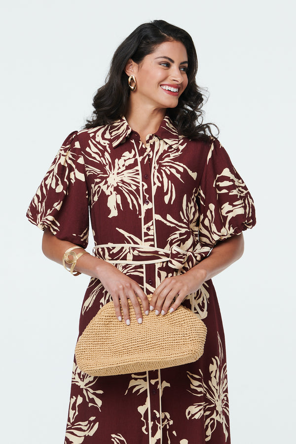 Burgundy | Floral Puff Sleeve Midi Shirt Dress