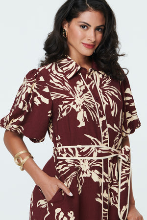 Burgundy | Floral Puff Sleeve Midi Shirt Dress