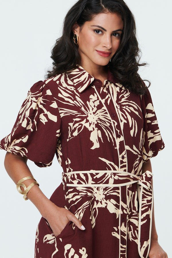 Burgundy | Floral Puff Sleeve Midi Shirt Dress