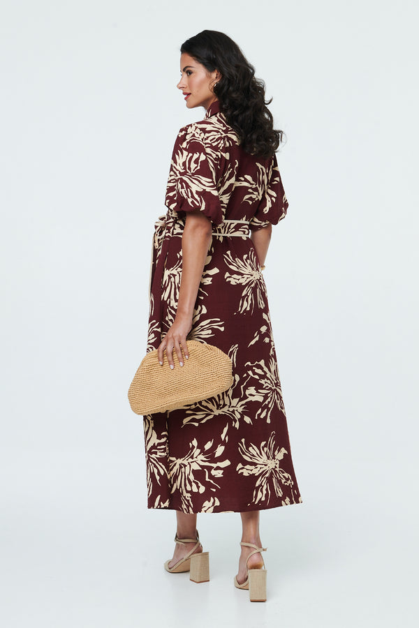 Burgundy | Floral Puff Sleeve Midi Shirt Dress