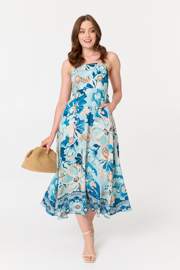 Blue | Floral A-Line Sleeveless Maxi Dress
