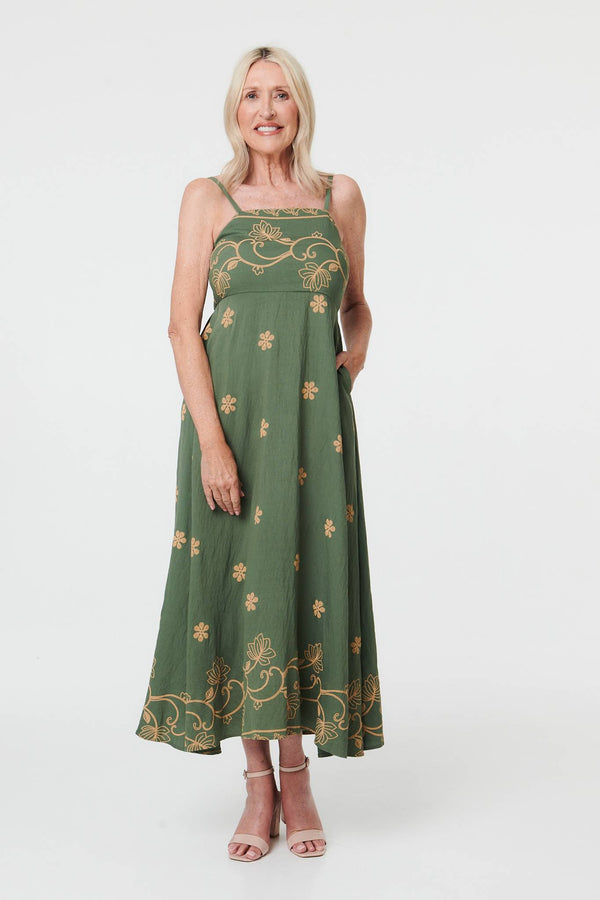 Green | Floral Embroidered Cami Strap Midi Dress