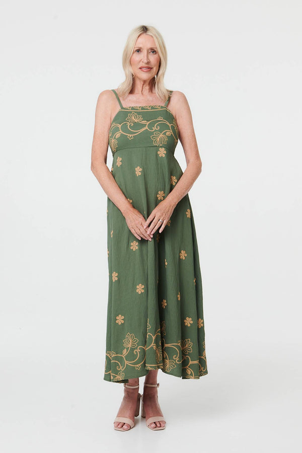 Green | Floral Embroidered Cami Strap Midi Dress