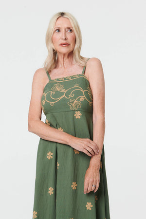 Green | Floral Embroidered Cami Strap Midi Dress