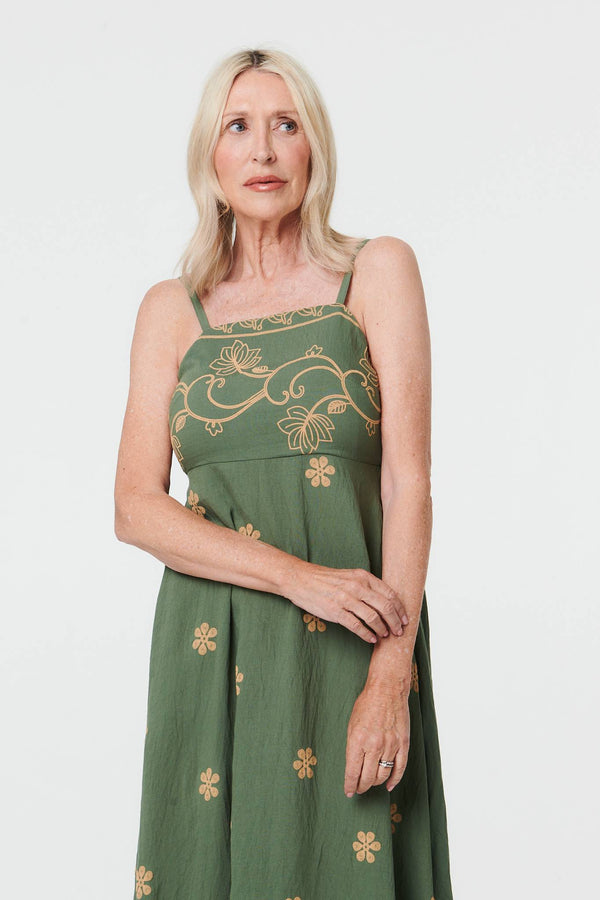 Green | Floral Embroidered Cami Strap Midi Dress