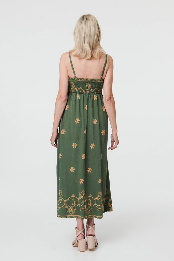 Green | Floral Embroidered Cami Strap Midi Dress